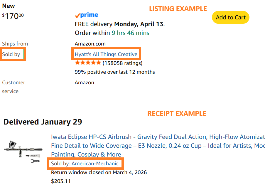 Listing and receipt example showing where to verify the seller