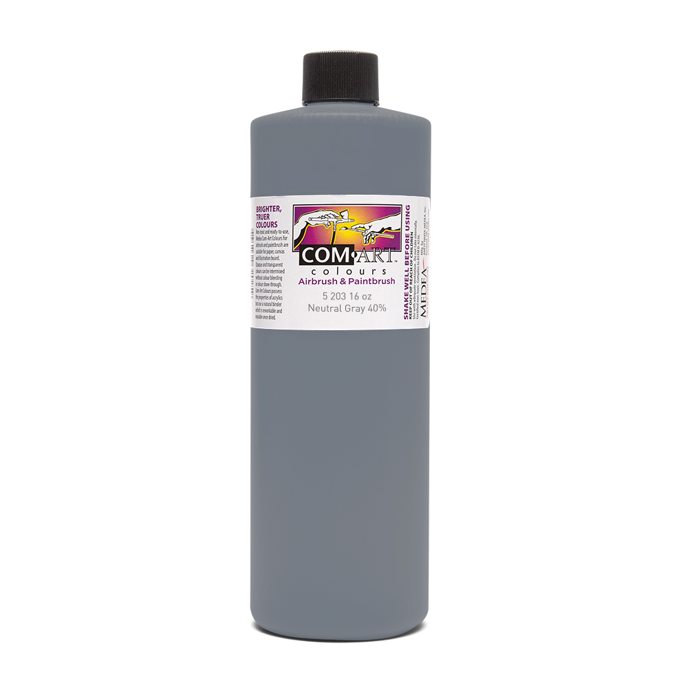 Com Art Colours Water-Based Acrylic Opaque Neutral Gray 40% 16oz For Airbrush And Paintbrush