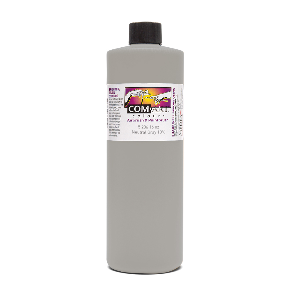 Com Art Colours Water-Based Acrylic Opaque Neutral Gray 10% 16oz For Airbrush And Paintbrush