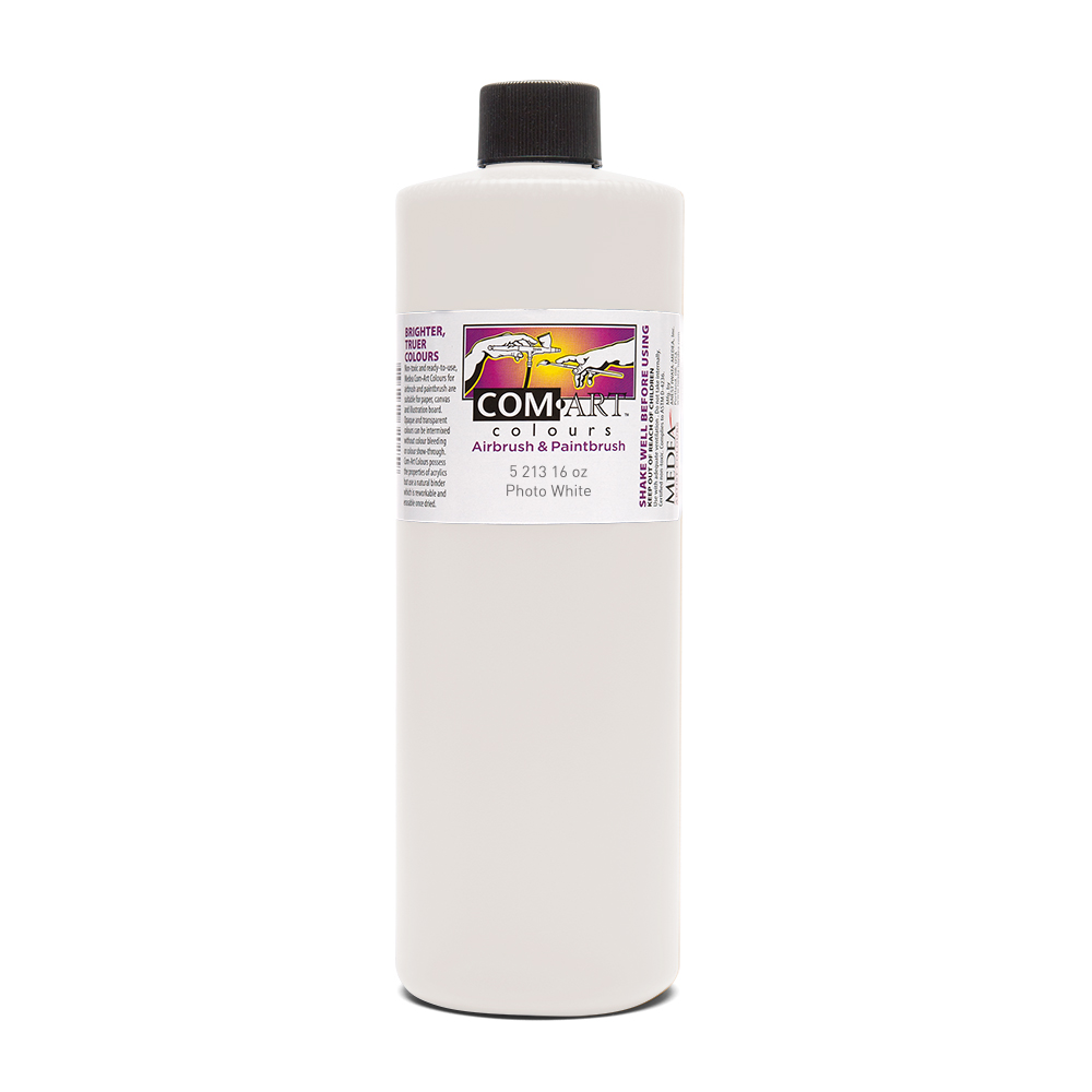 Com Art Colours Water-Based Acrylic Opaque Photo White 16oz For Airbrush And Paintbrush