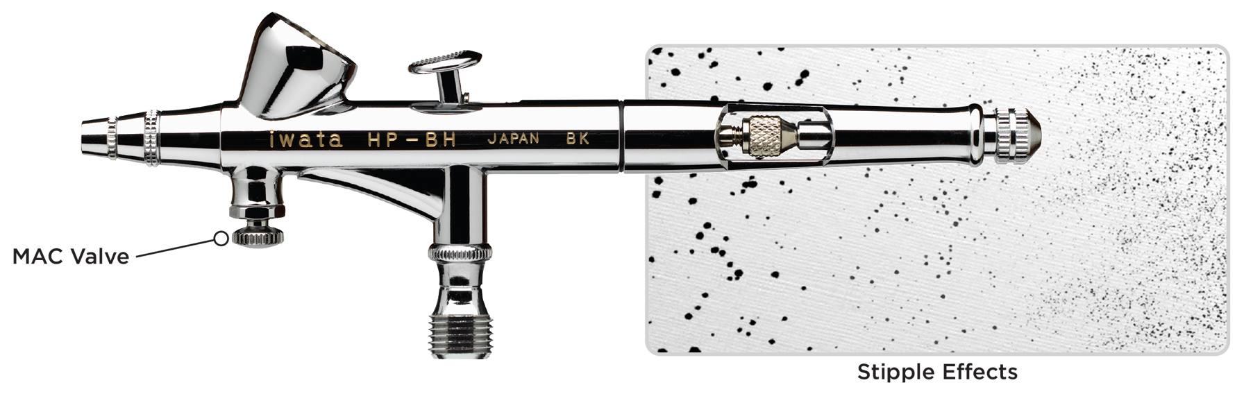 Iwata Airbrush with Micro Air Control Valve shown with example of stipple spray pattern